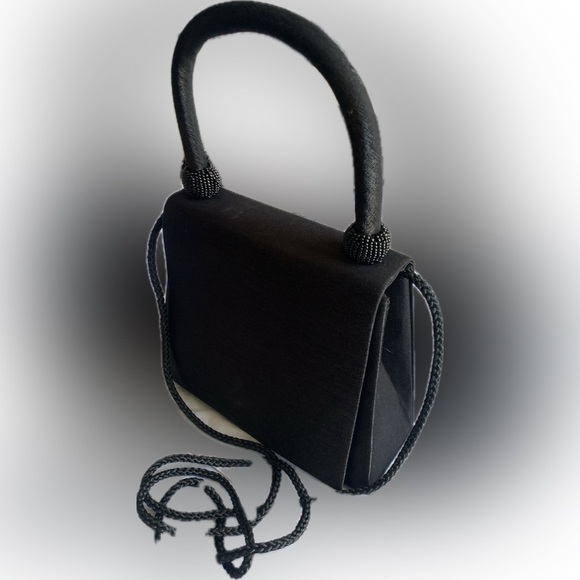 Little black satin evening designer style purse with long & top handle - Picture 3 of 8
